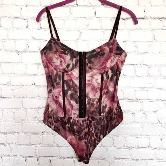 FREE PEOPLE Brown Night Rhythm Printed Corset-Style Floral Bodysuit--NWT--L - Picture 13 of 16